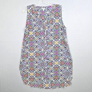 Spense Sleeveless V-Neck Round Hem Sheer Multicolor Print Sheer Tunic M